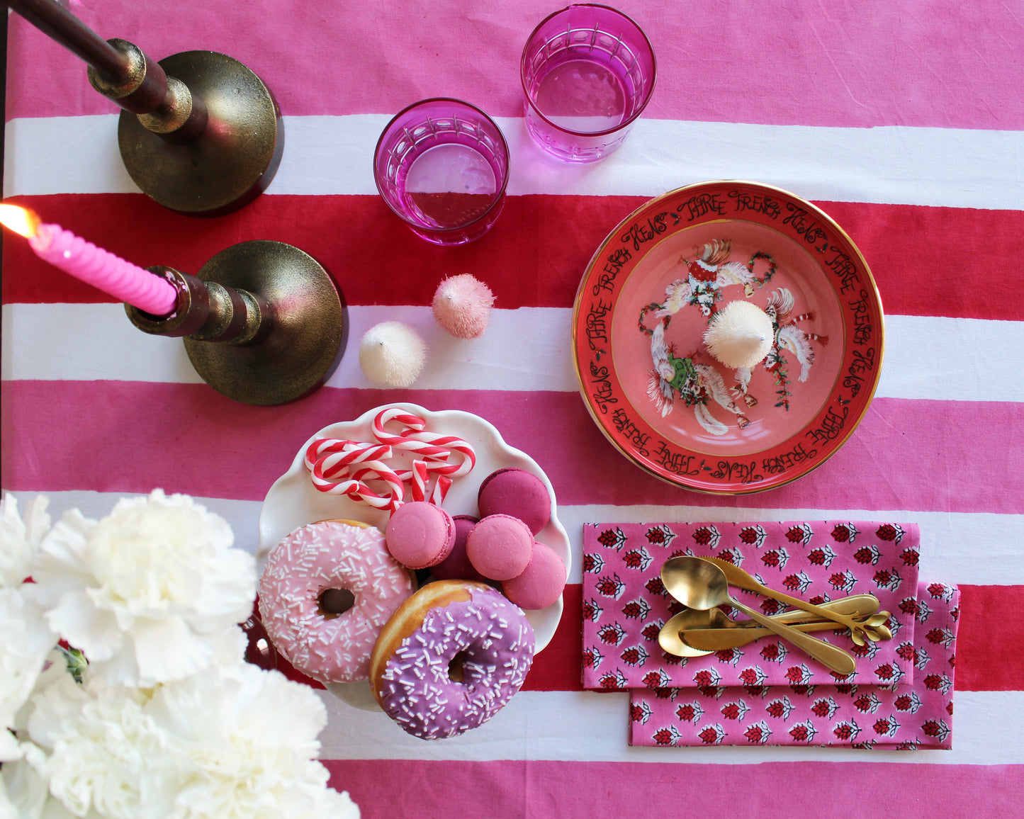 Candy Cane Charm - Pink and Red Striped Table Cloth and Napkin Set