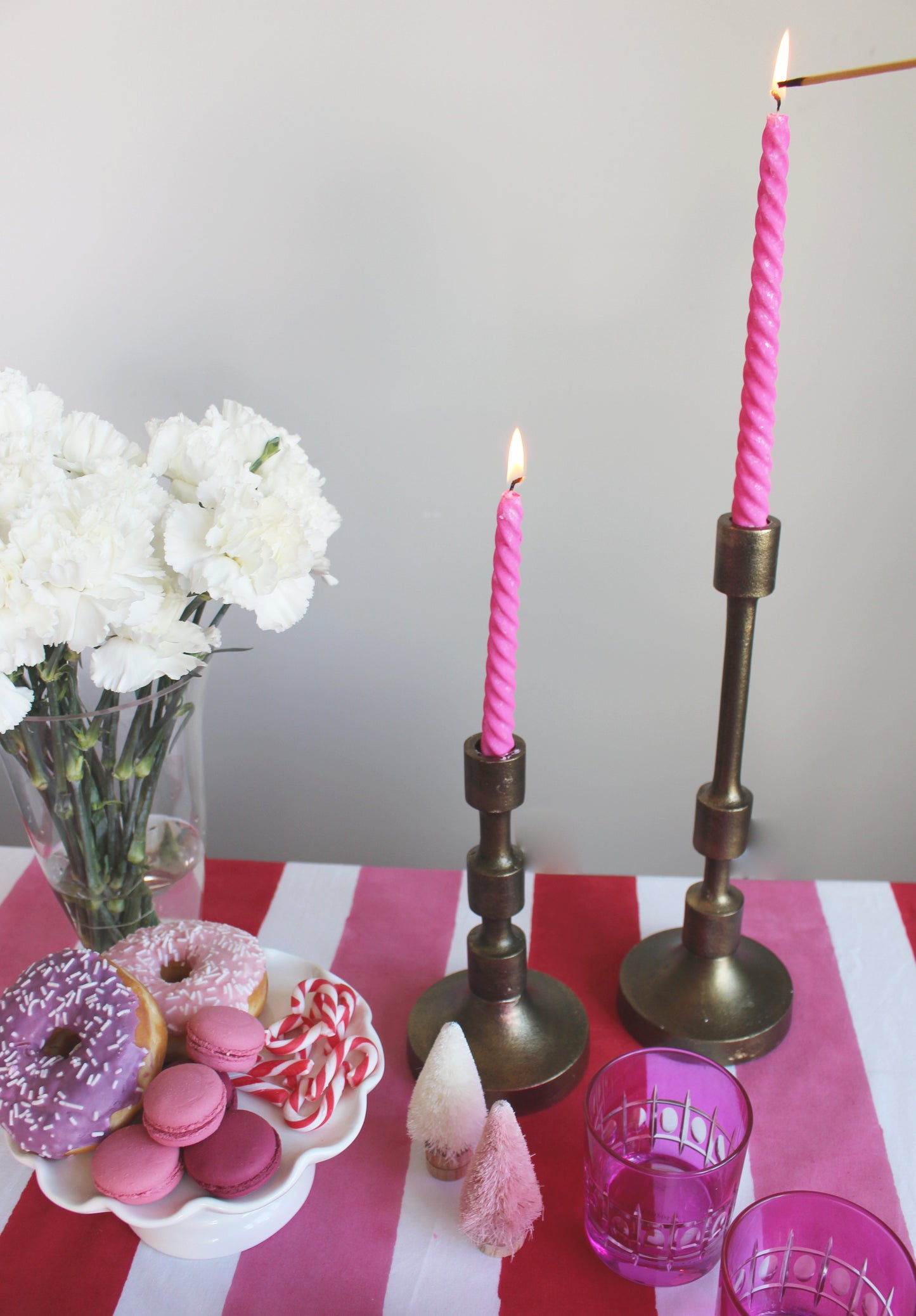 Candy Cane Charm - Pink and Red Striped Table Cloth and Napkin Set