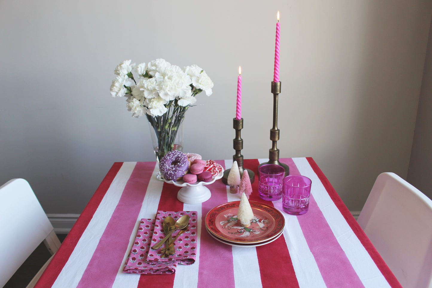 Candy Cane Charm - Pink and Red Striped Table Cloth and Napkin Set