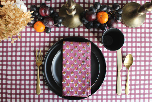 Frilled Plum Elegance - Gingham Table Cloth and Napkins Set