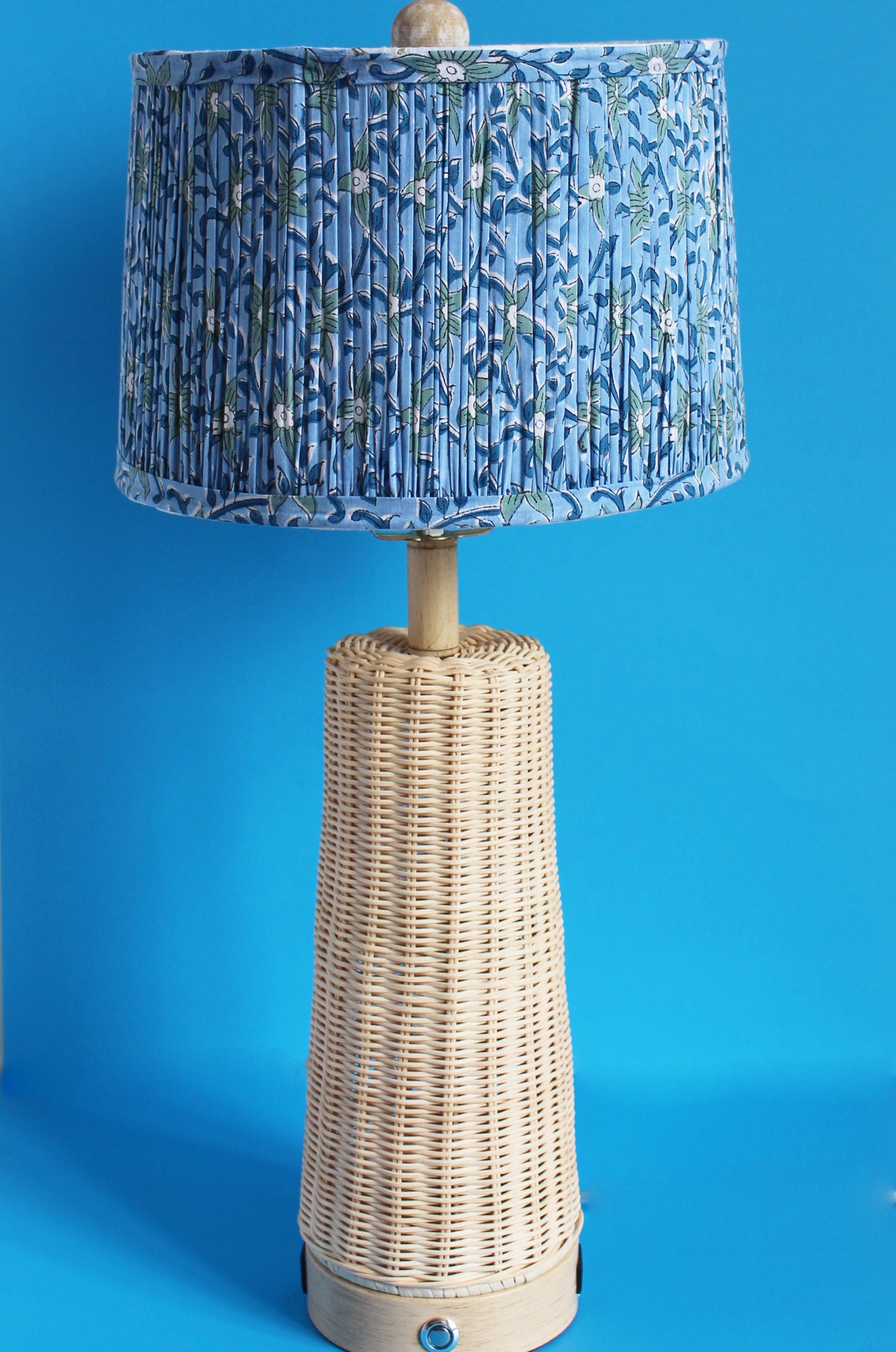 Floral Blue Blockprint Pleated Drum Lamp Shade 12"x 8" x 11"