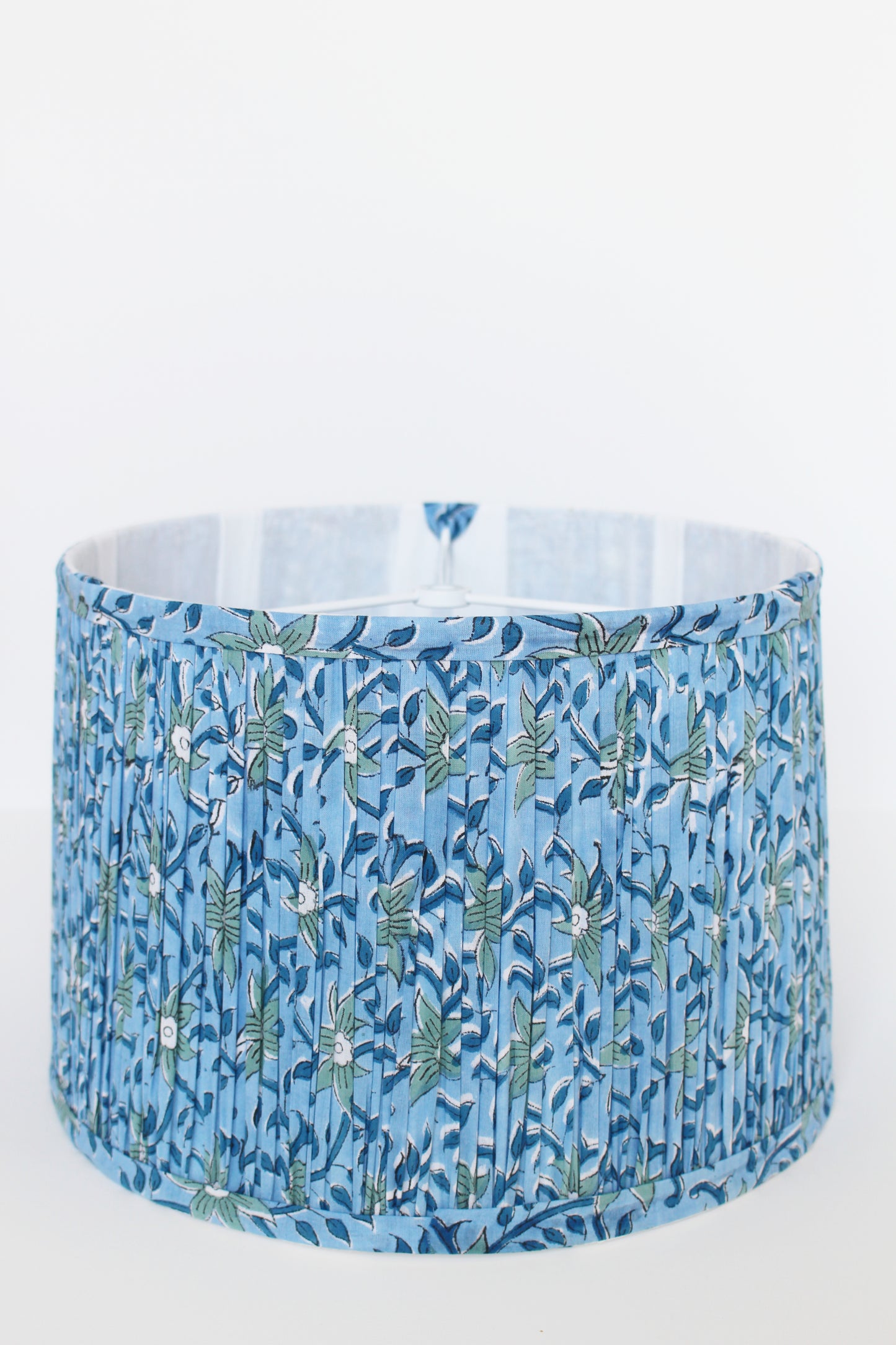 Floral Blue Blockprint Pleated Drum Lamp Shade 12"x 8" x 11"