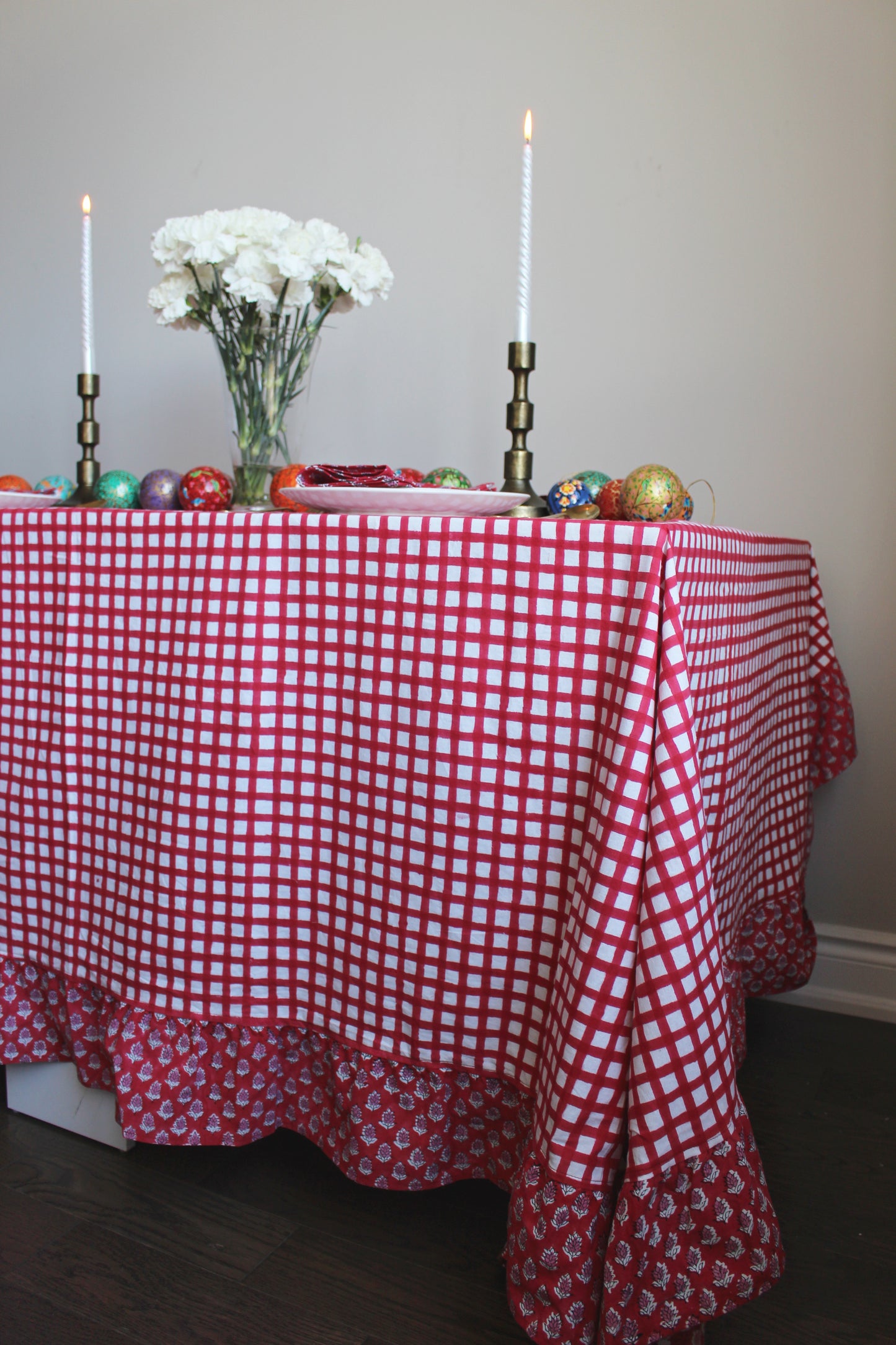 Frilled Red Gingham Table Cloth and Napkin Set