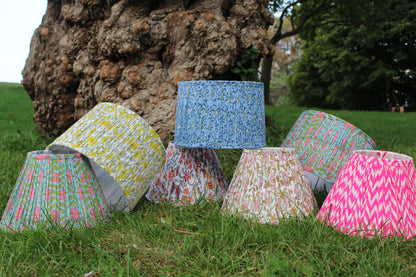 Floral Blue Blockprint Pleated Drum Lamp Shade 12"x 8" x 11"