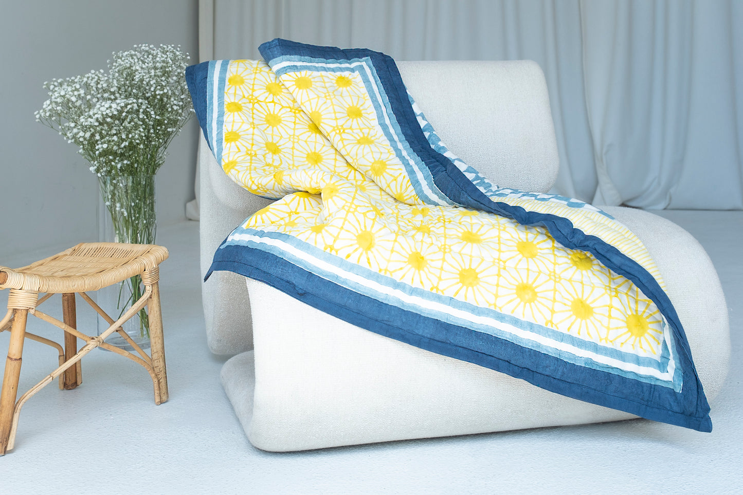 Surya Quilt | Block printed reversible cotton blue baby quilt