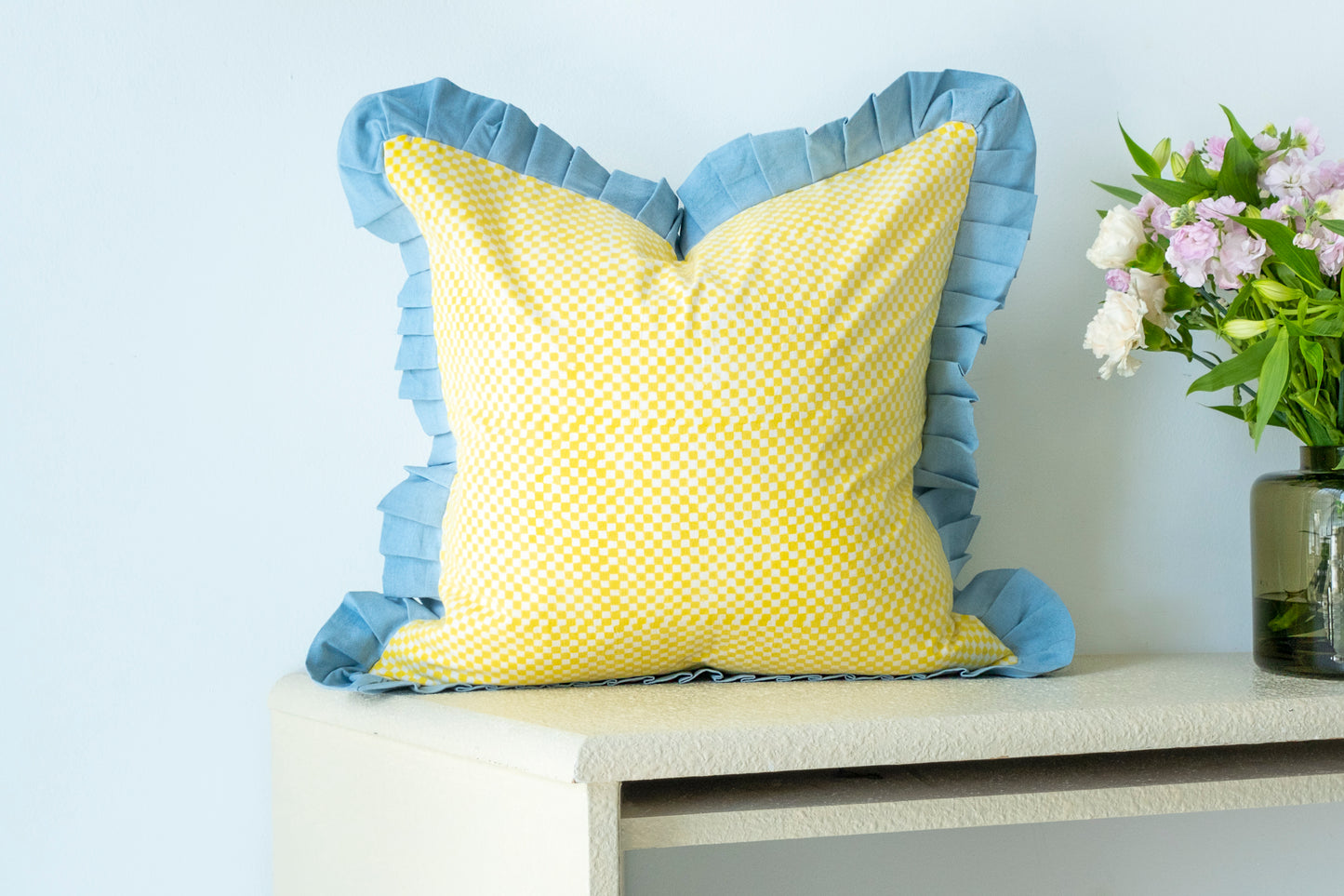 Frilled Cushion Cover | Blocked printed reversible pillow cases