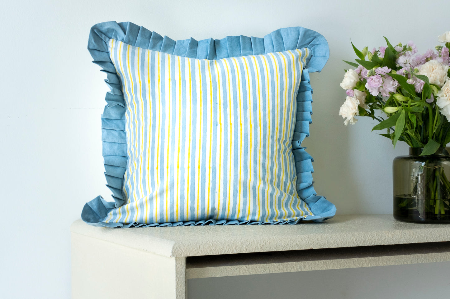 Frilled Cushion Cover | Blocked printed reversible pillow cases