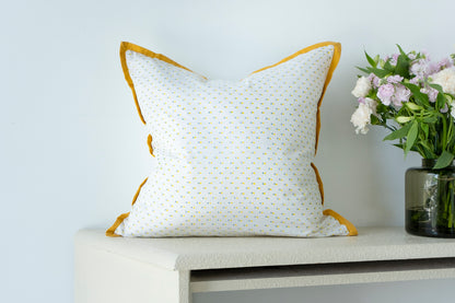 Handmade polka-dot cushion cover featuring block-printed design for a charming, artisanal touch to your decor.