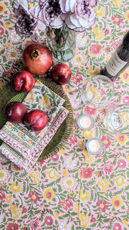 Floral Block Print Table Cloth with Napkins Set