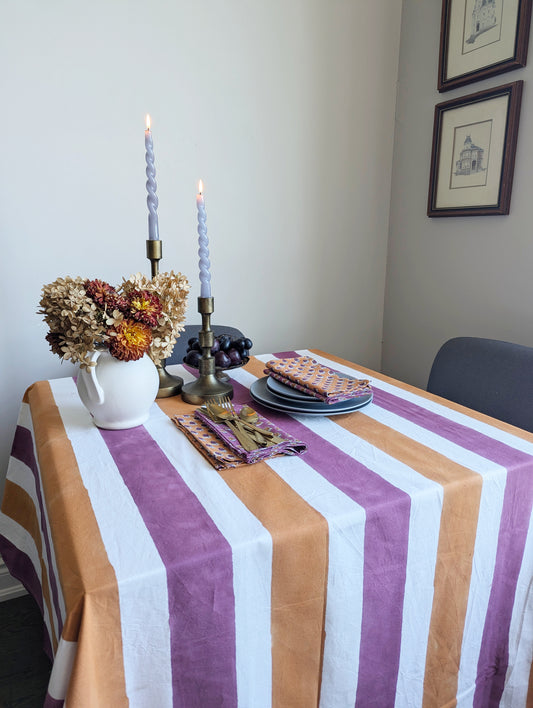 Plum and Orange Striped Table Cloth and Napkin Set