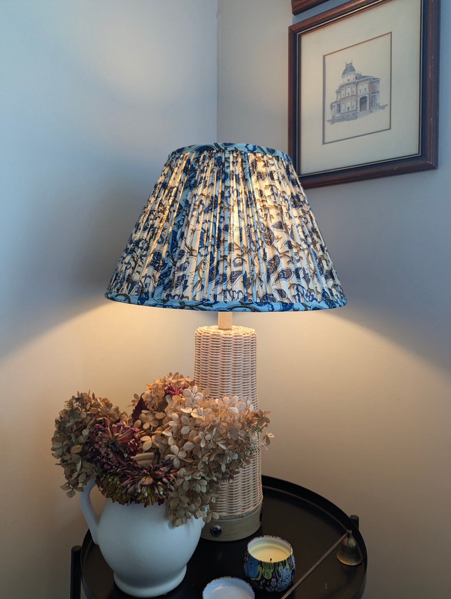 Cream and Blue Floral Blockprint Pleated Empire Lamp Shade